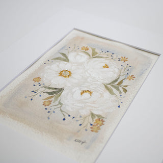 White Peonies on Beige Background, Hand-Painted Watercolor, 5x7
