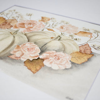 White Pumpkins with Pink Flowers and Fall Leaves, Fall Themed Hand-Painted Watercolor Art