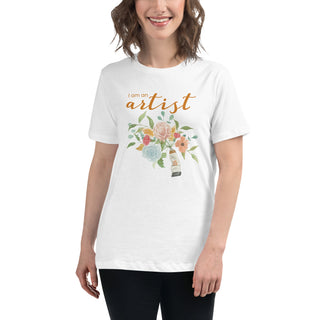 "I am an Artist" Women's Relaxed T-Shirt featuring watercolor florals and paint tube