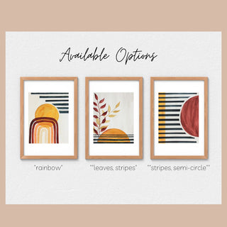 Mid-Century Modern Giclee Watercolor Art Print featuring leaves, semi-circle and stripes