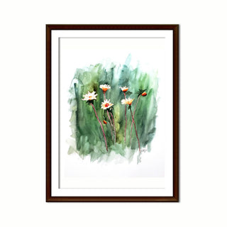 White Flowers on Green Grassy Background Watercolor Giclee Art Print